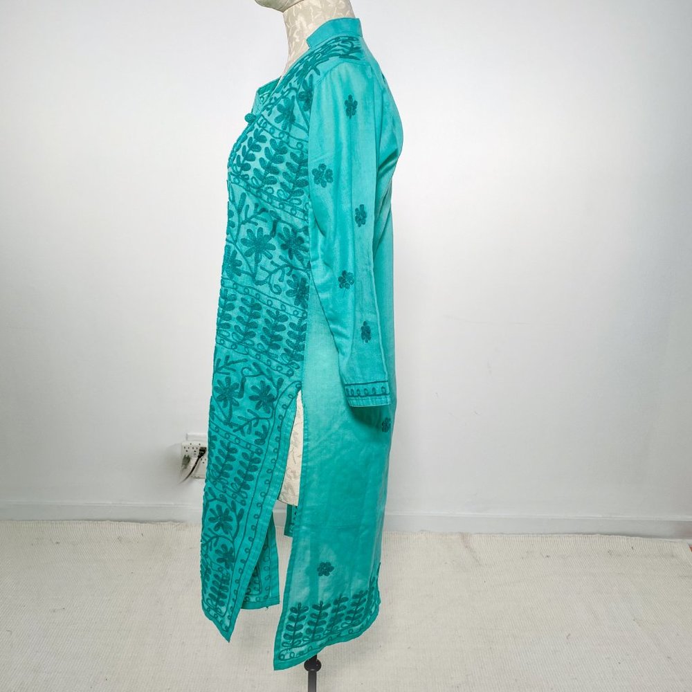 Vintage 70s S Boho Embroidered Tunic Dress Green - Picture 7 of 13